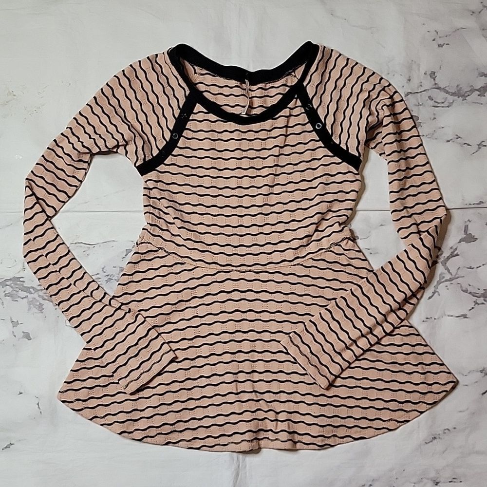Free People Wavy Pointelle Tan/Black Peplum Top